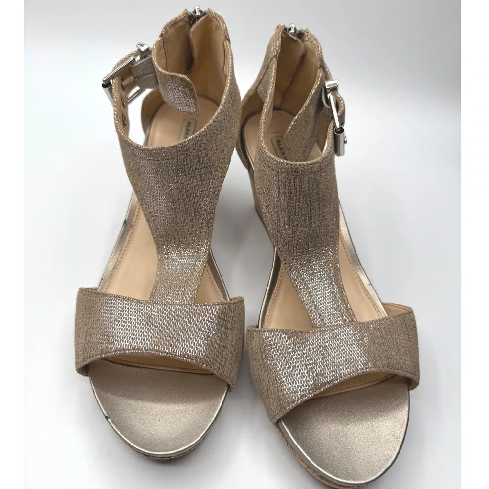 Alex Marie Metallic Gold T-Strap Cork Wedge Sandals Champagne size 9
